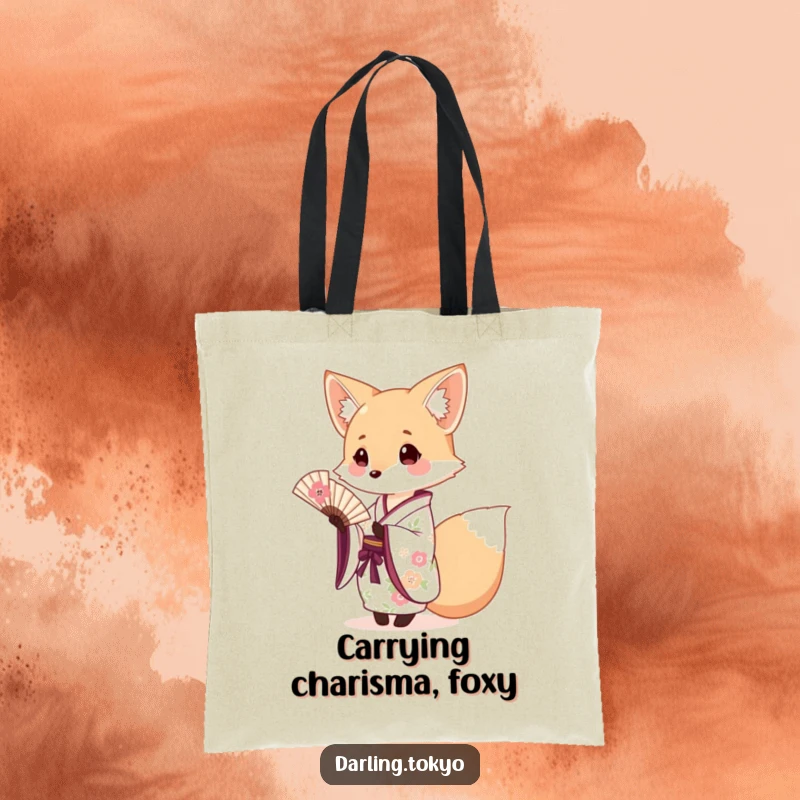 Funny fox in a floral kimono gracefully extending a tiny fan, a humorous and fashionable tote bag.