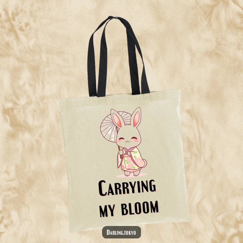 Funny tote bag designed with a cheerful rabbit character in a floral kimono, holding a delicate parasol with refined elegance.