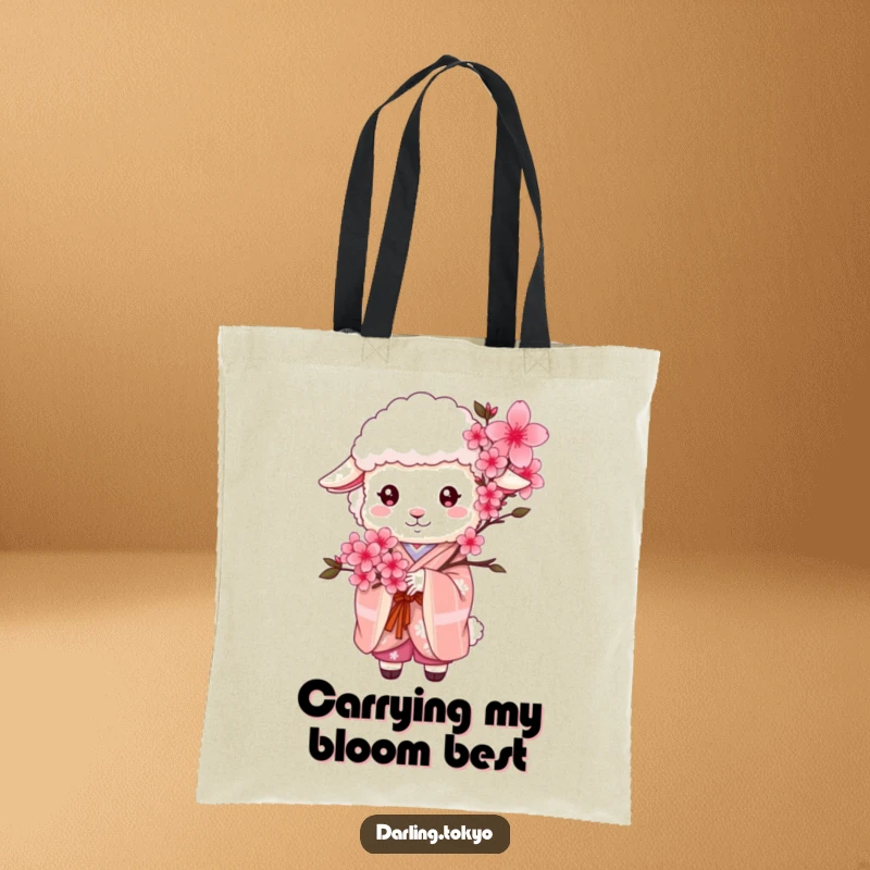 Funny sheep wearing an elegant kimono holds a cherry blossom bouquet, making this tote bag a stylishly funny accessory.