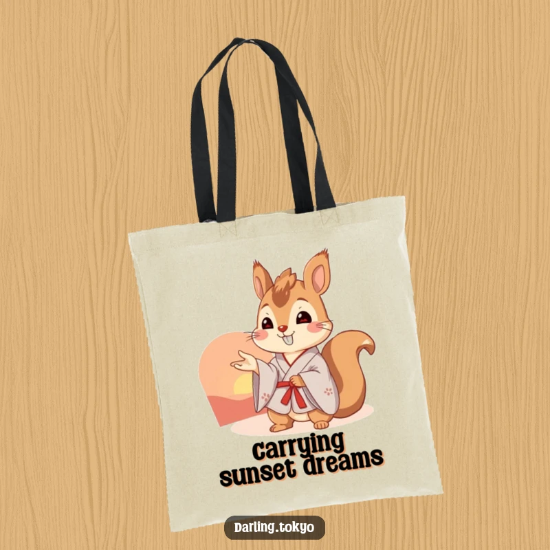 Funny squirrel in a kimono points to a stunning sunset, making this tote bag a beautifully funny accessory.