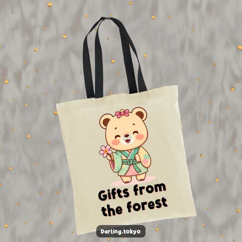 Funny bear in a colorful kimono joyfully offering a delicate flower, a humorous tote bag.