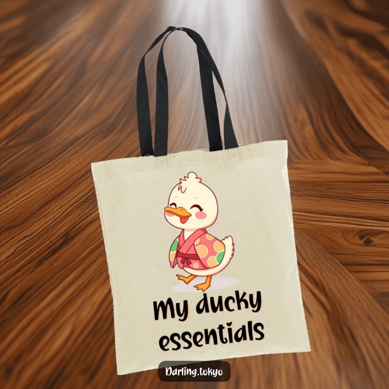Funny tote bag with a playful duck character in a vibrant kimono, waddling cheerfully, stylish and practical.